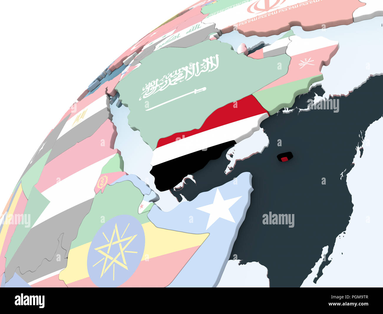 Yemen on bright political globe with embedded flag. 3D illustration ...