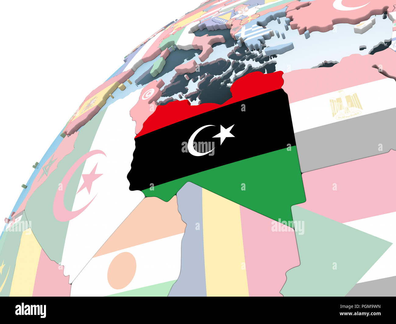 Libya on bright political globe with embedded flag. 3D illustration ...
