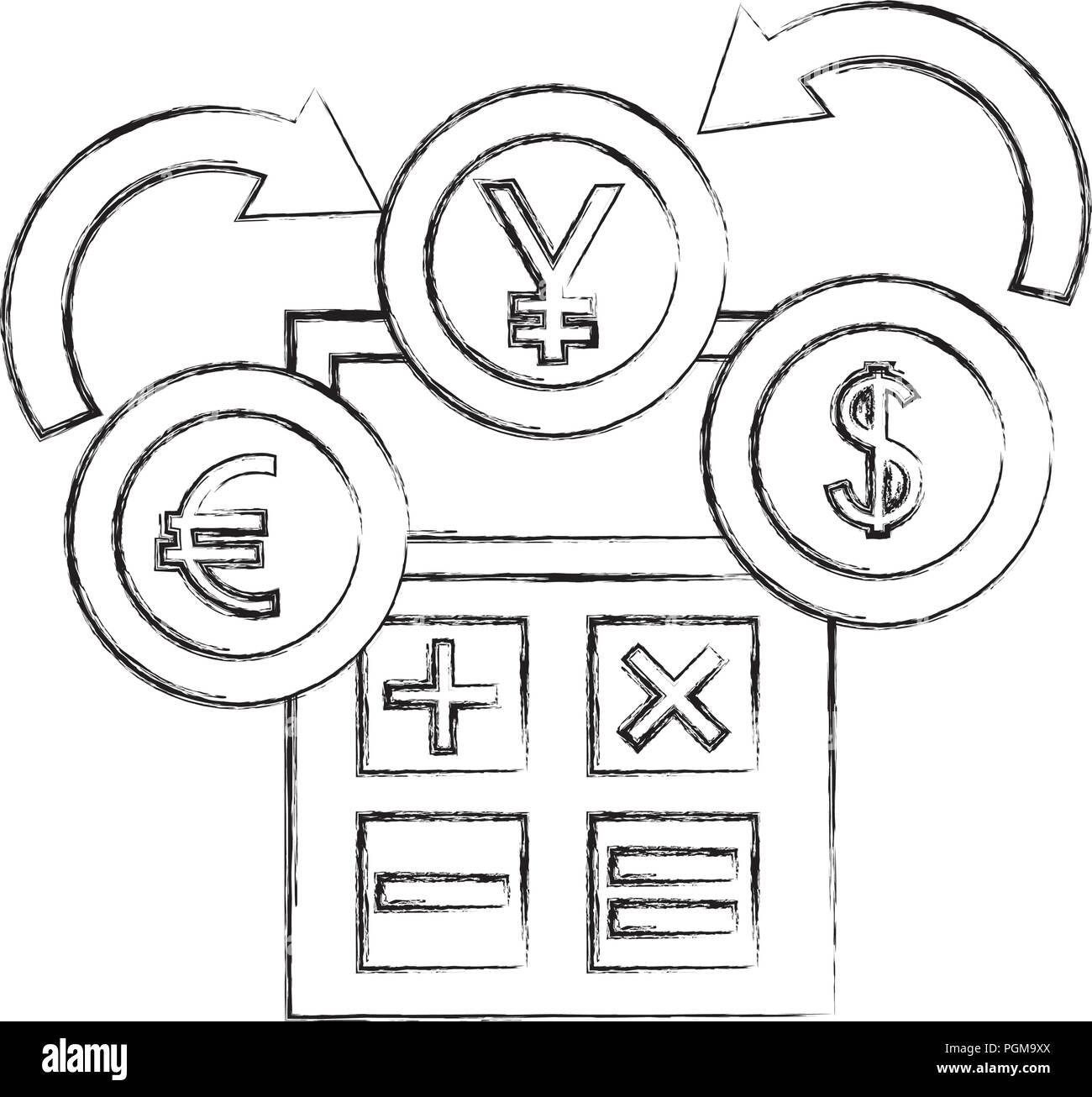 calculator coins yen euro dollar foreing exchange vector illustration