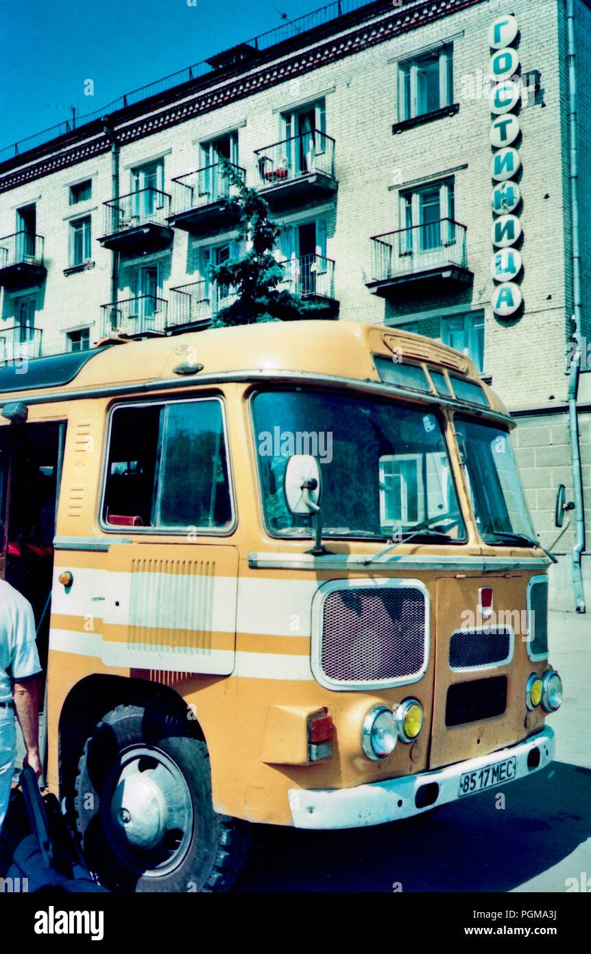 Russia, Caucasus Republic: public bus in a street of Minvody, August 1990 Stock Photo