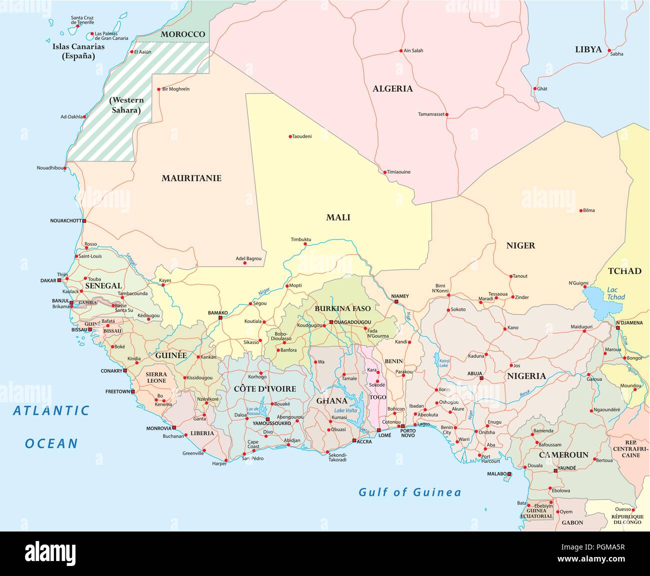 Detailed road map of the countries of West Africa with capital cities. Stock Vector