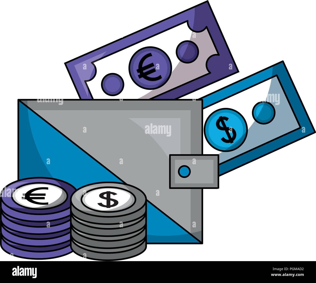 business wallet banknote money euro dollar and coins vector ...