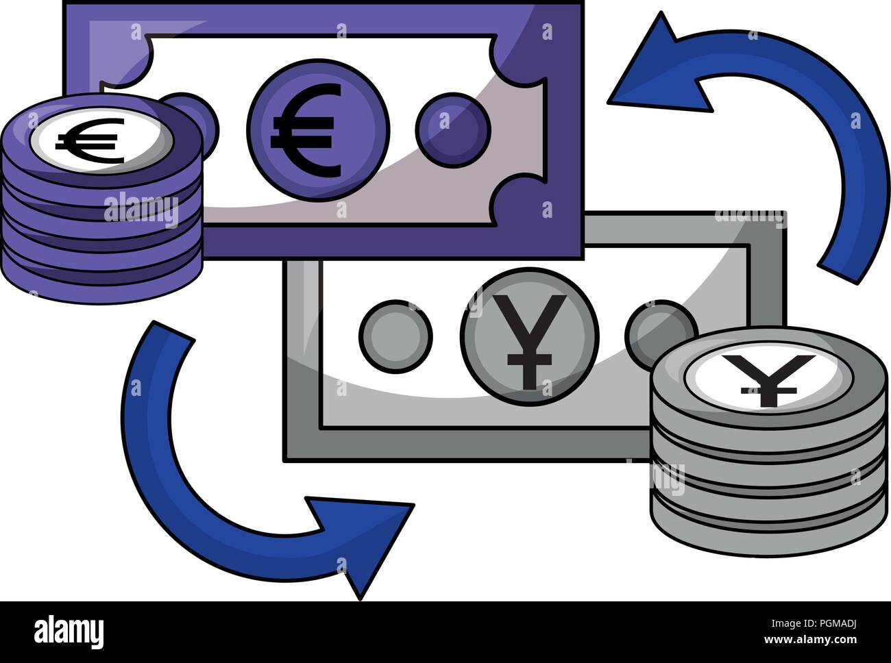 foreign exchange bills yen and euro coins stacked currency vector