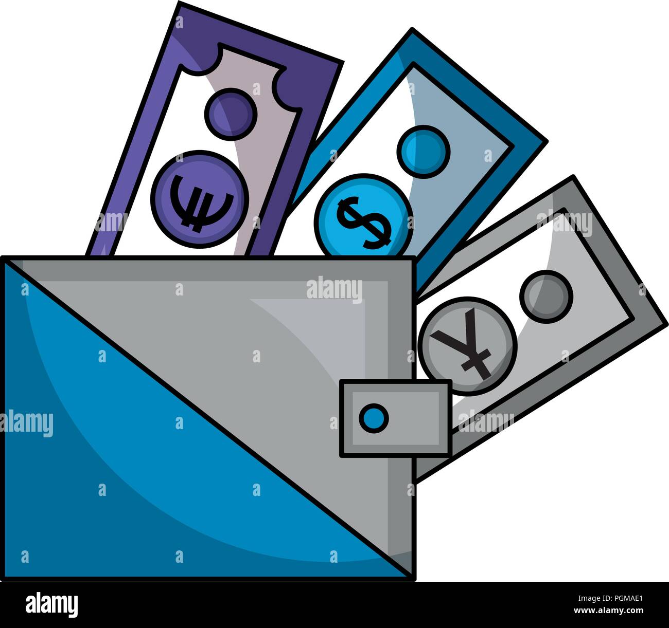 business wallet with banknote dollar yen euro money vector illustration ...