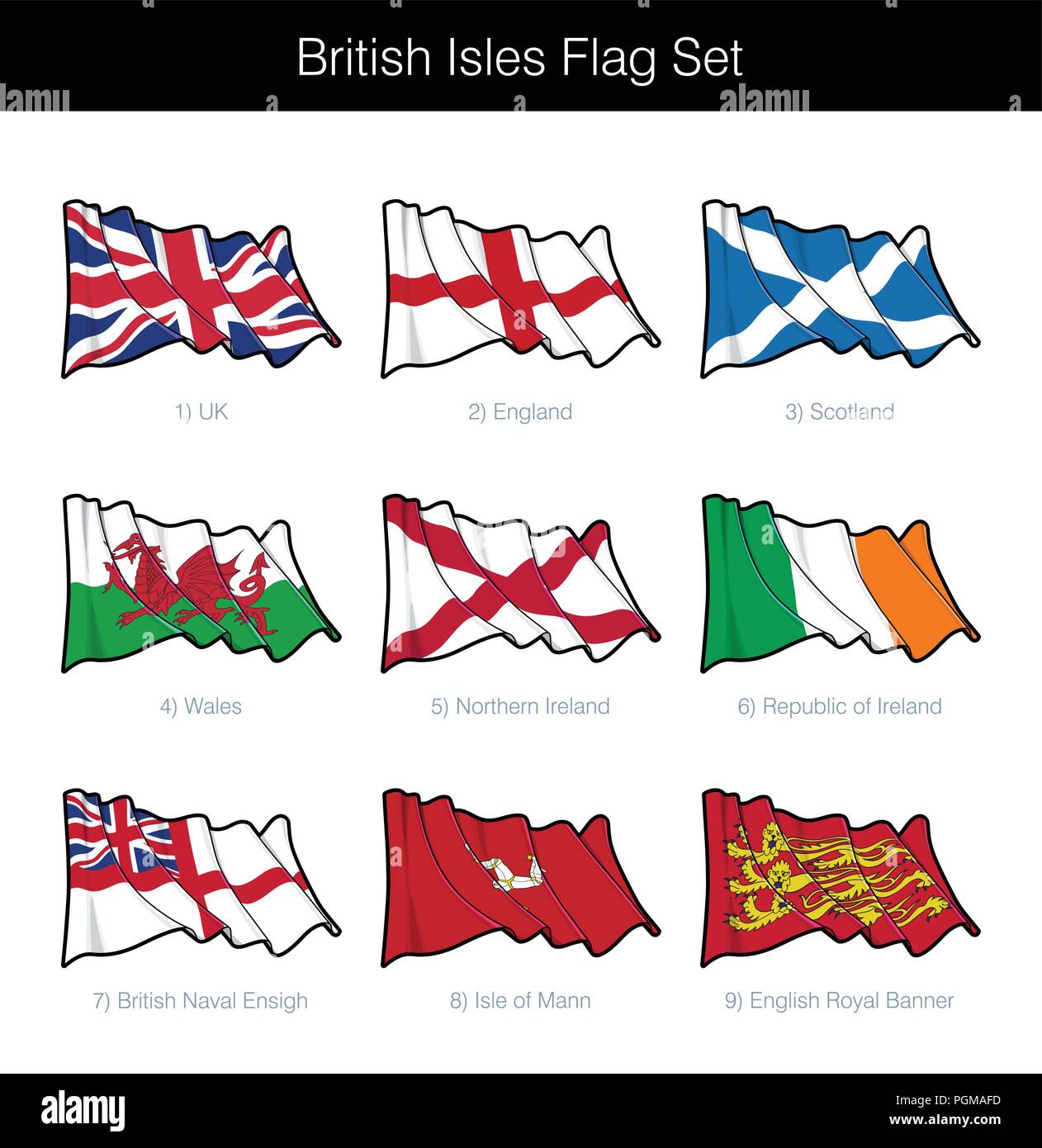 British Isles Waving Flag Set. The set includes the flags of UK, England, Scotland, Wales, Northern Ireland, Republic of Ireland, the British Navy, Is Stock Vector