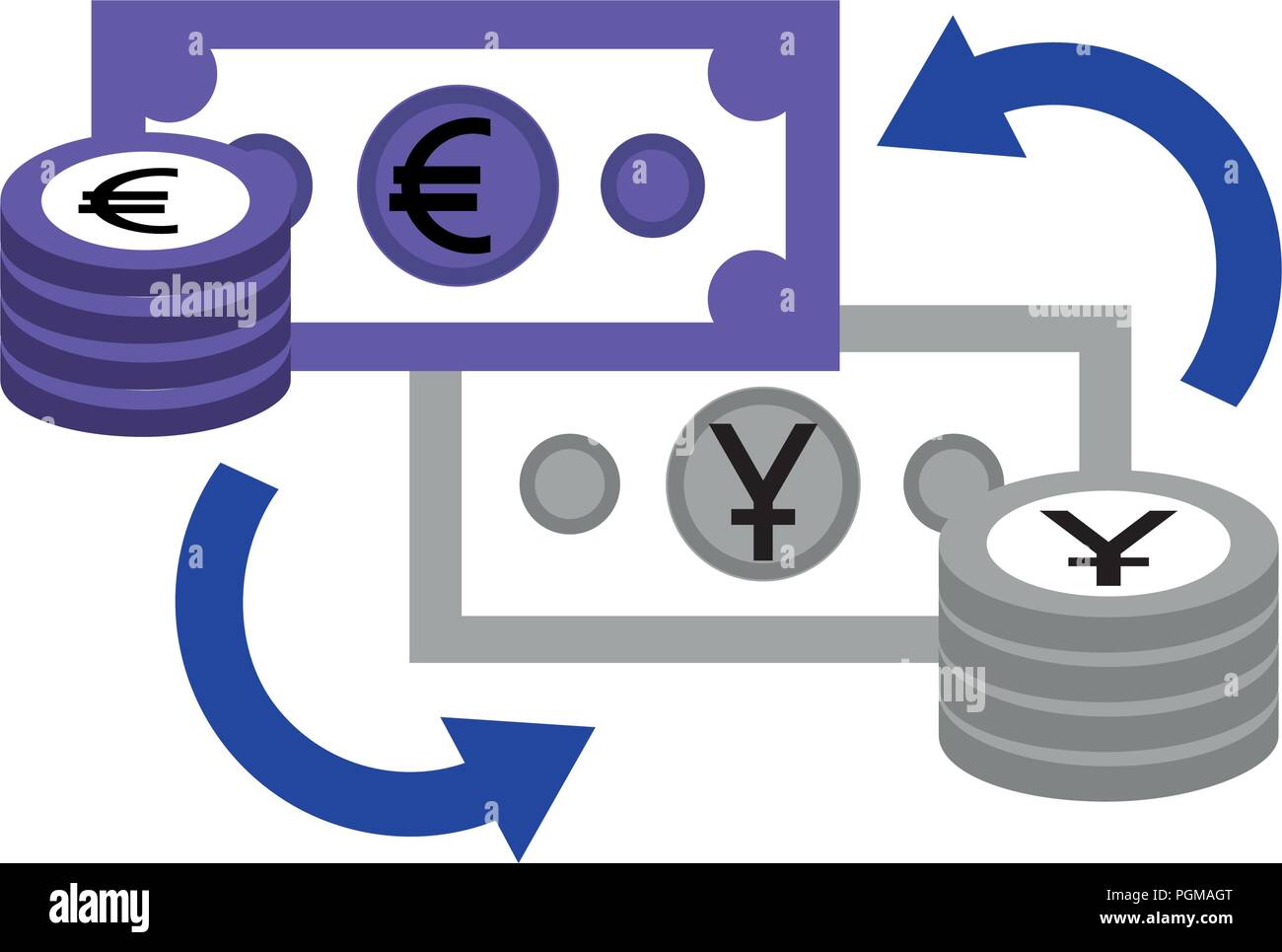 foreign exchange bills yen and euro coins stacked currency vector