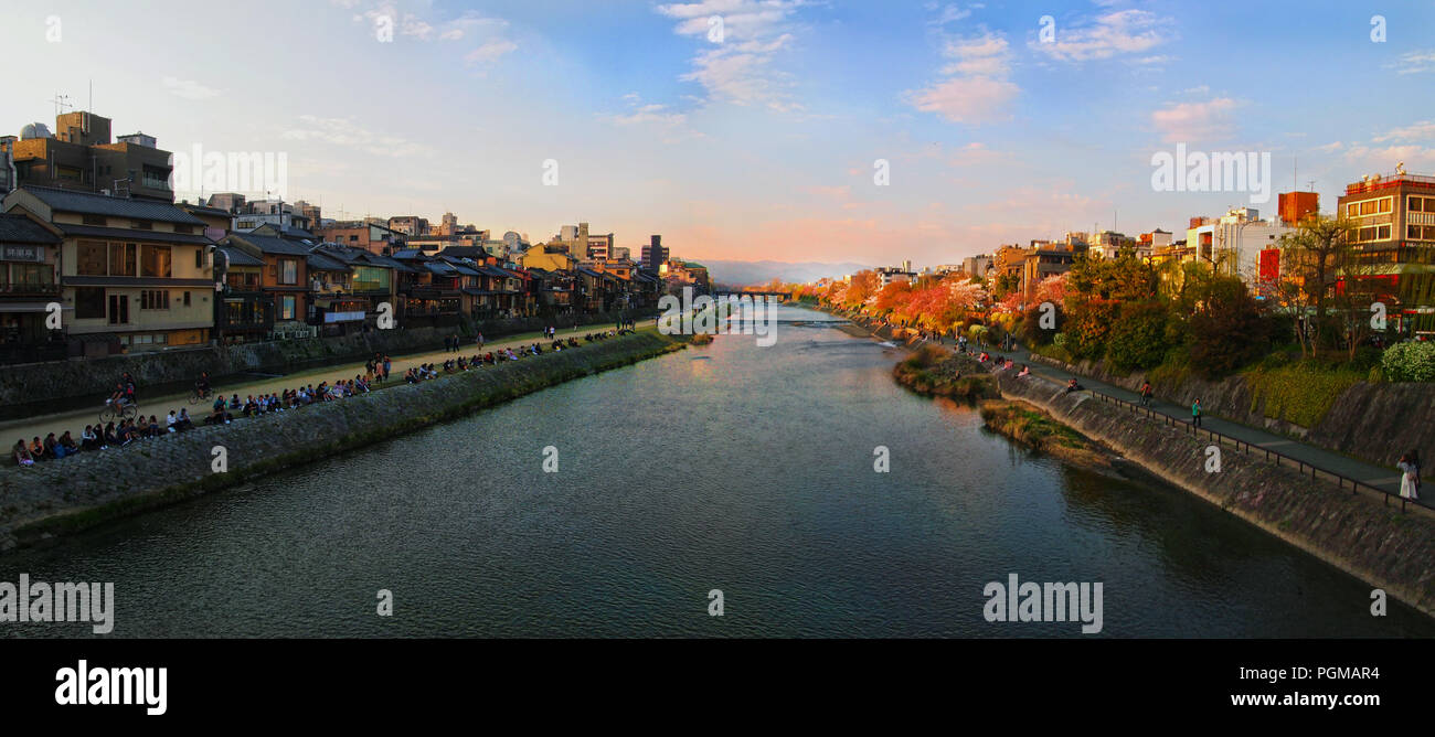 The Kamogawa river in Kyoto at sunset Stock Photo