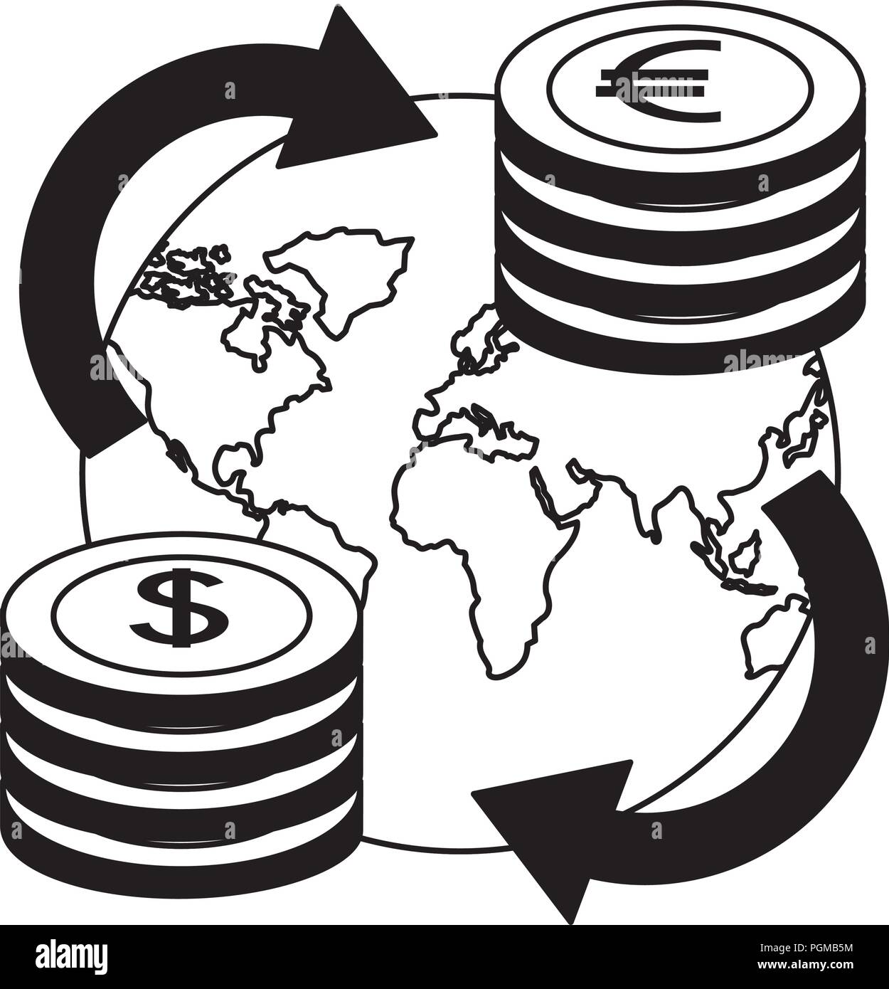 business world stack coins dollar euro foreign exchange vector