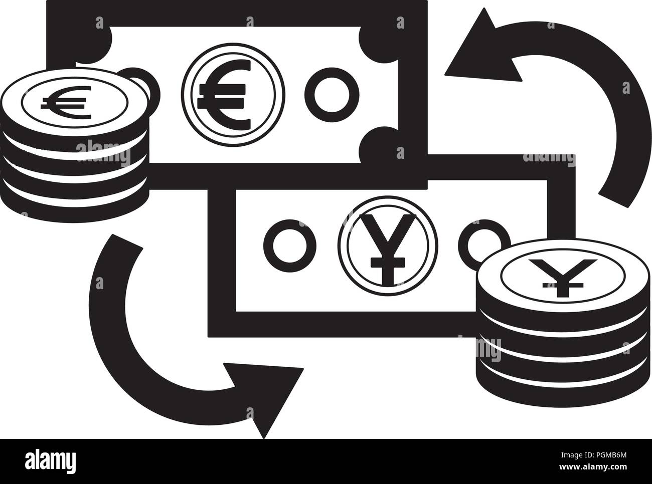 foreign exchange bills yen and euro coins stacked currency vector