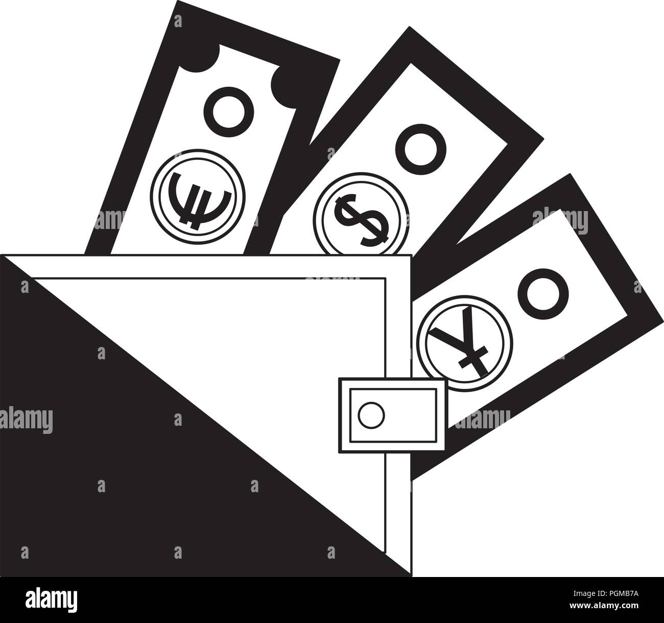 business wallet with banknote dollar yen euro money vector illustration ...