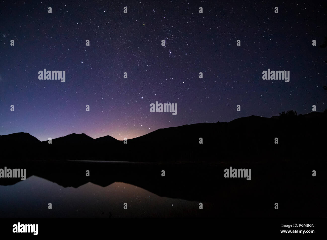 The constellation Orion over Sprague Lake in the Rocky Mountain National Park, Colorado, USA Stock Photo