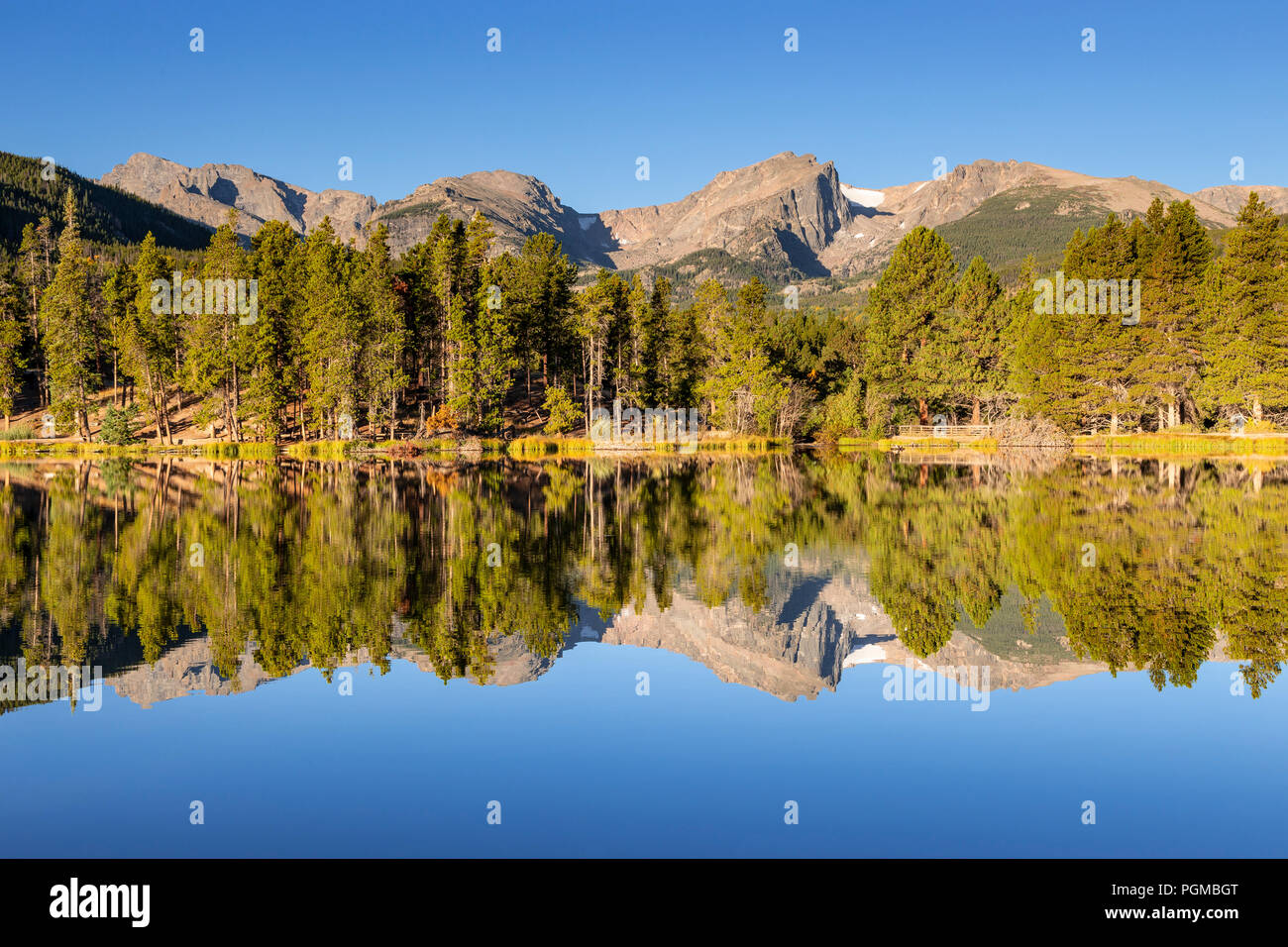 The Rocky Mountains reflecting in Sprague Lake, Rocky Mountain National Park, Colorado, USA Stock Photo