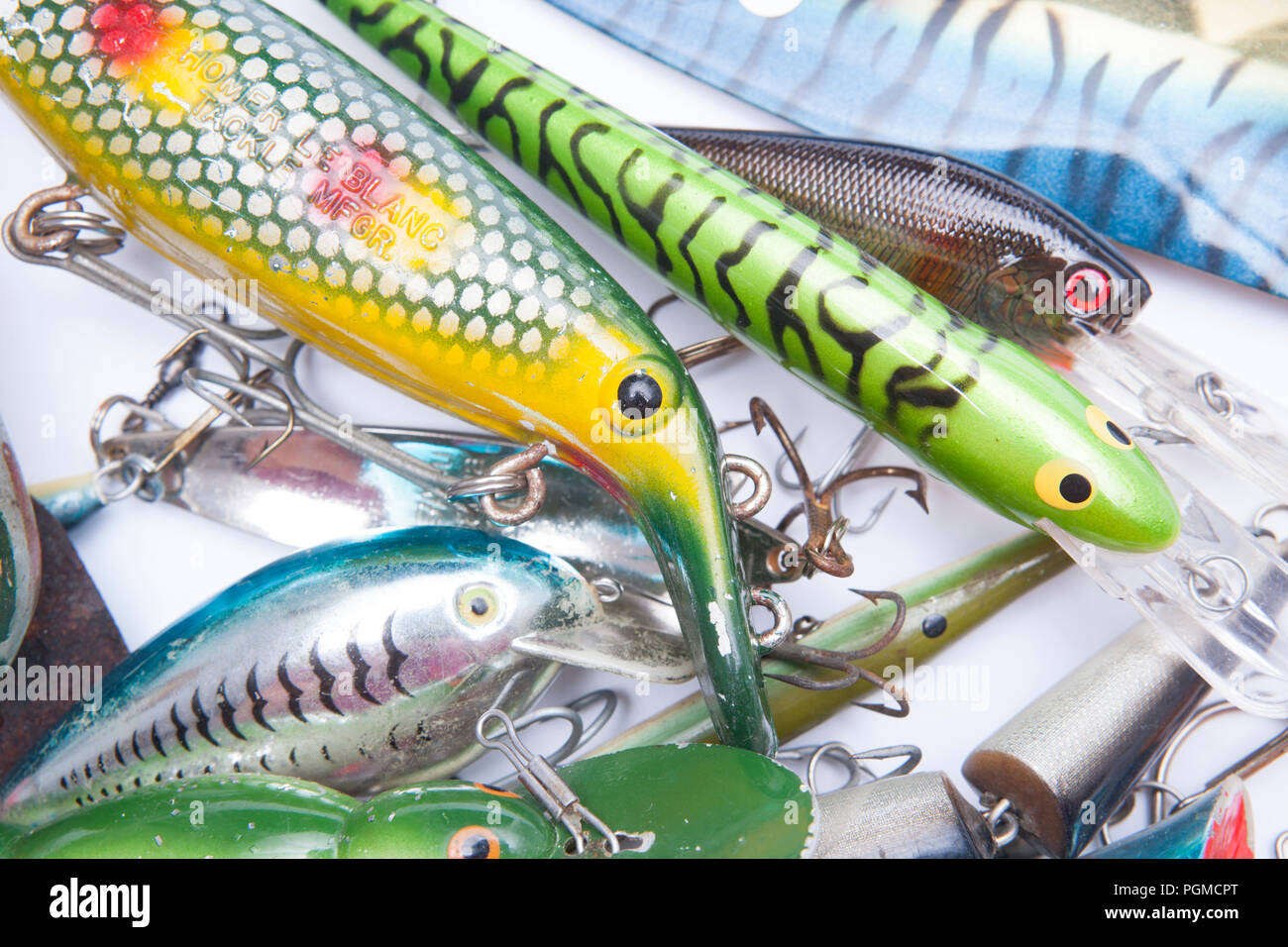 A selection of mostly modern fishing lures, also known as plugs