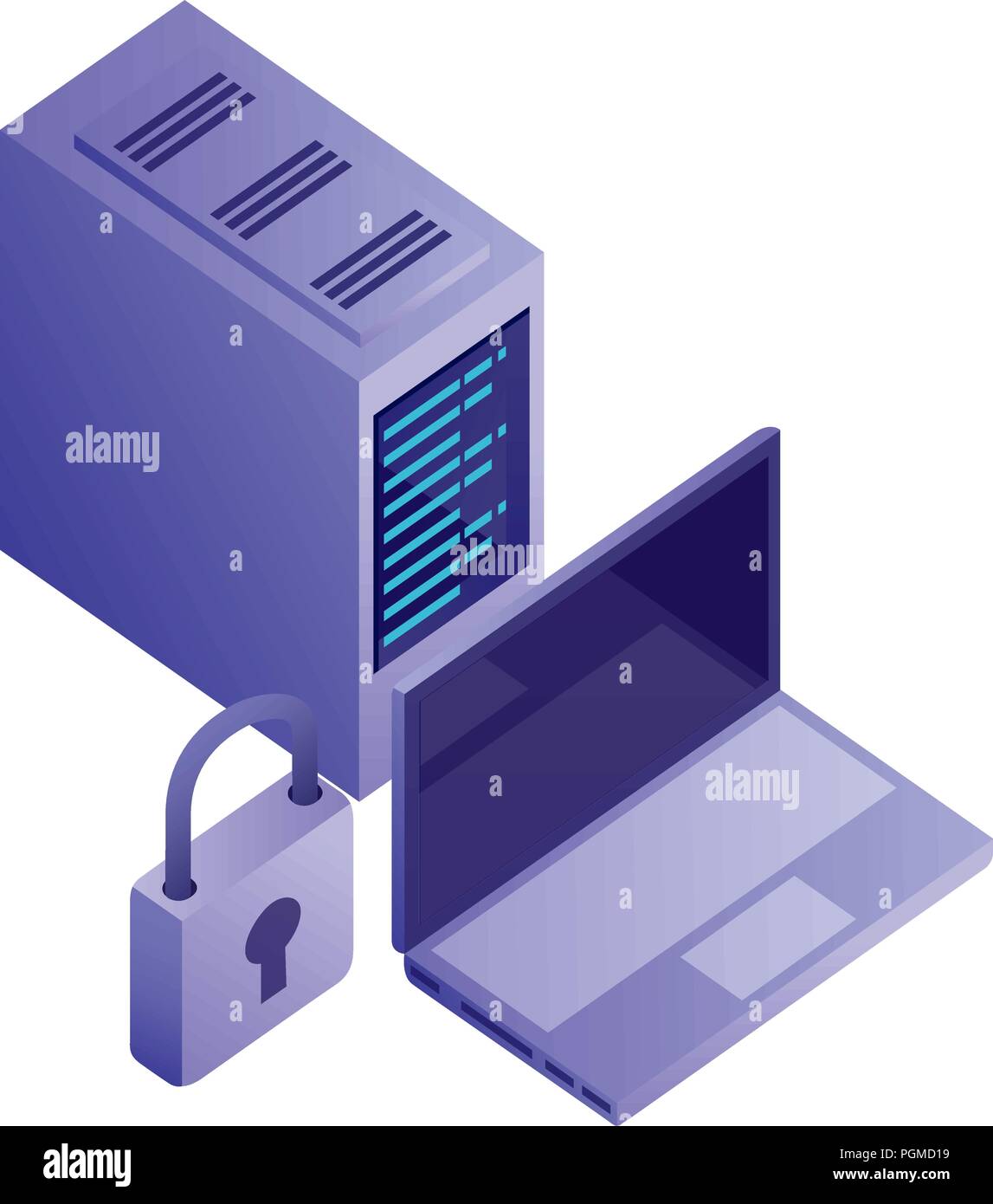 laptop computer with padlock and server data isometric icon vector illustration design Stock Vector