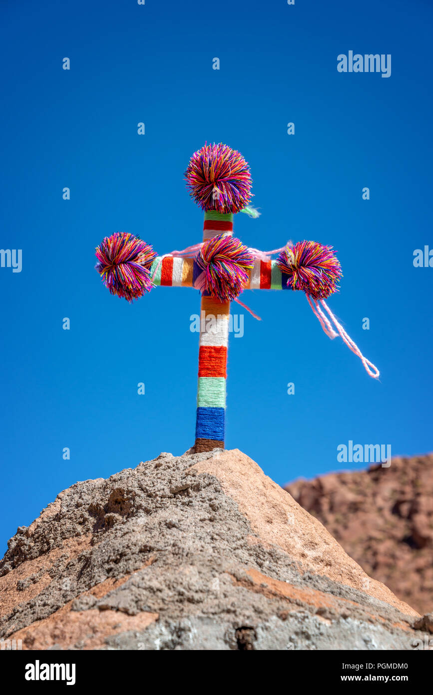 Colorful cross on a chapel in Atacama desert, Chile Stock Photo