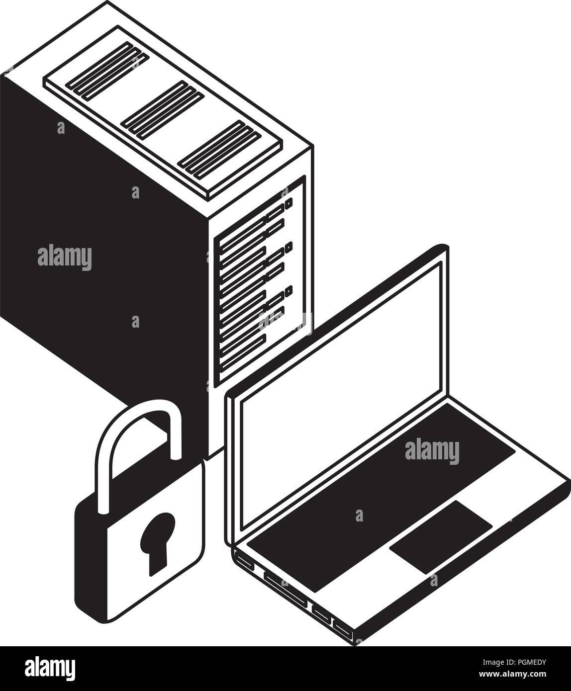 laptop computer with padlock and server data isometric icon Stock Vector