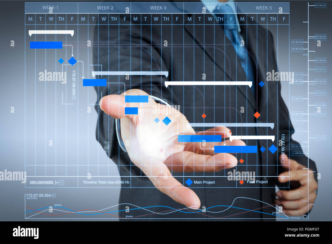 Project manager working and update tasks with milestones progress planning and Gantt chart scheduling virtual diagram.business man with an open hand a Stock Photo