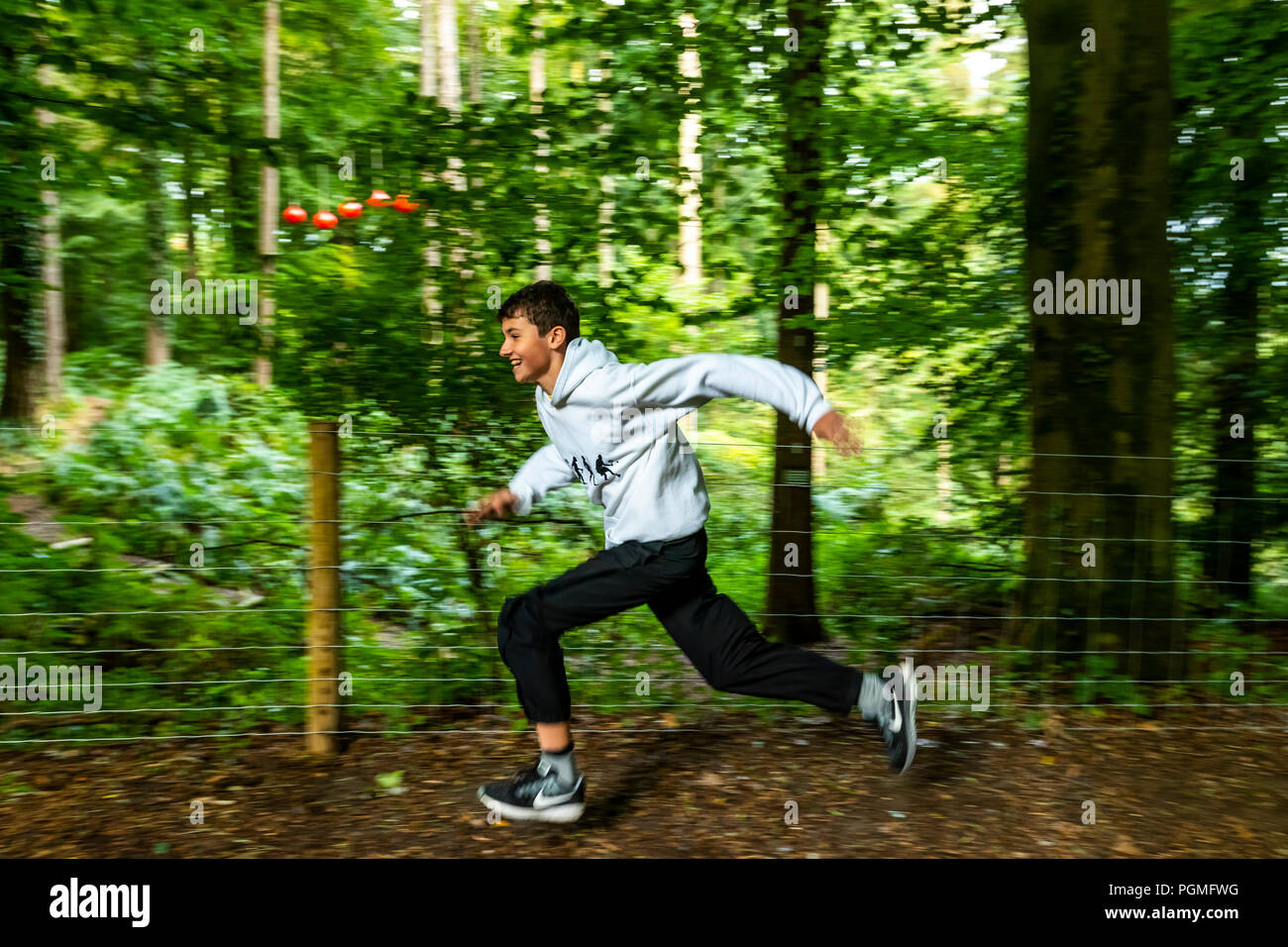 A young man in a white top runs along a forest track. Forest of Dean, Gloucestershire. UK Stock Photo