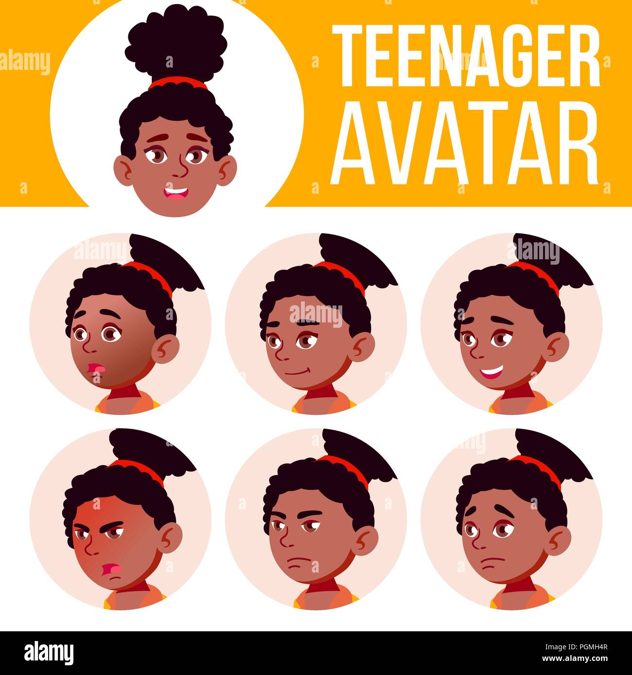 Teen Girl Avatar Set Vector. Black. Afro American. Face Emotions ...