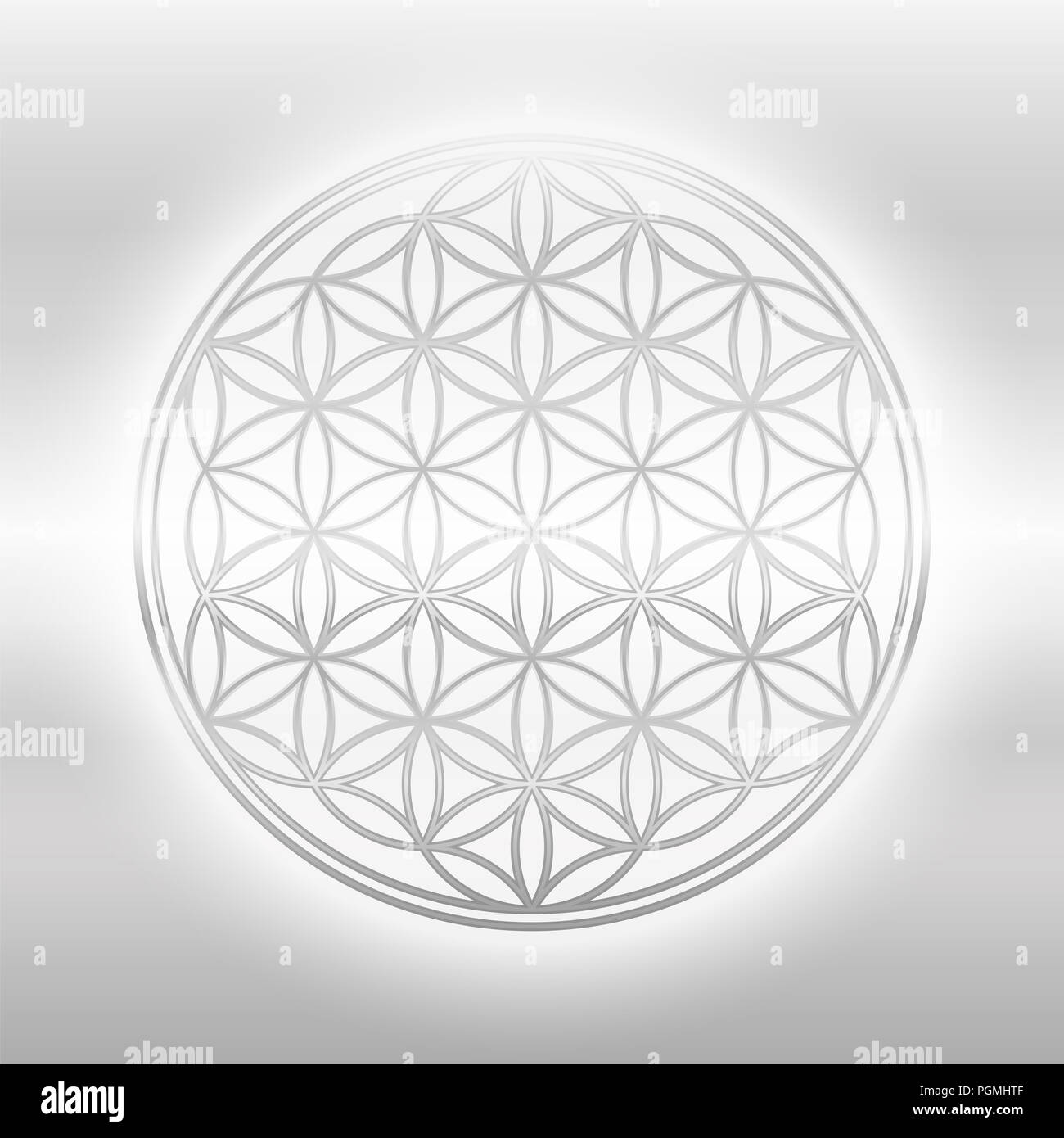 Flower of Life, silver glance symbol on silvery background. Stock Photo