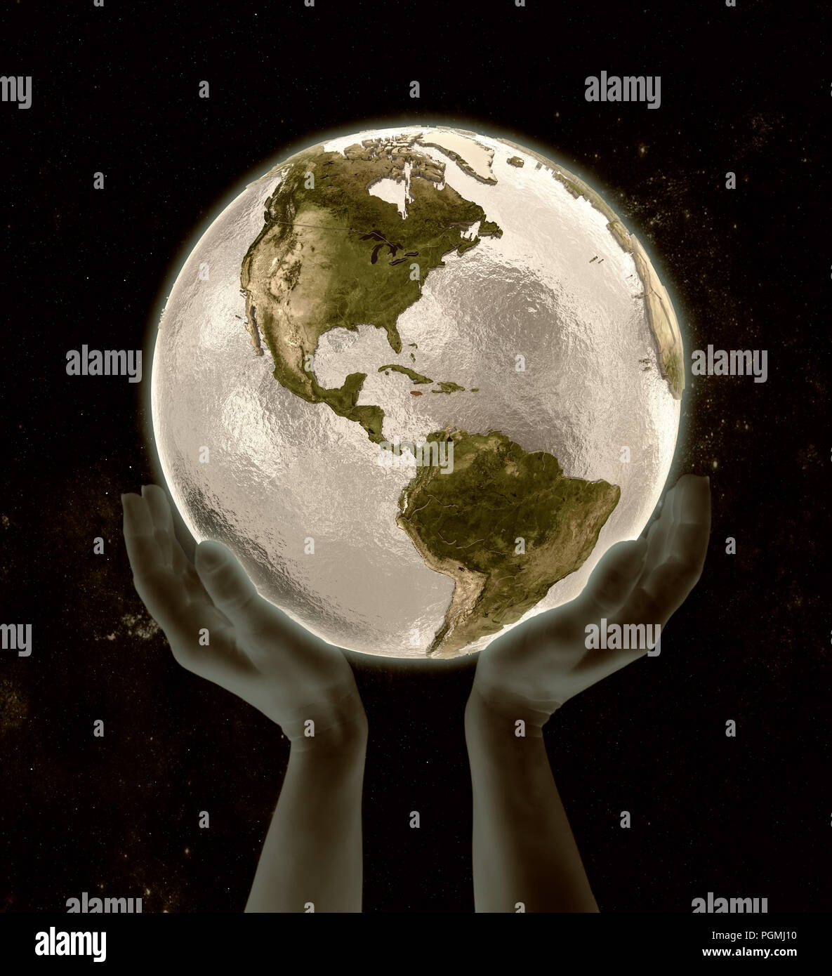 Jamaica on globe in hands in space. 3D illustration. Stock Photo