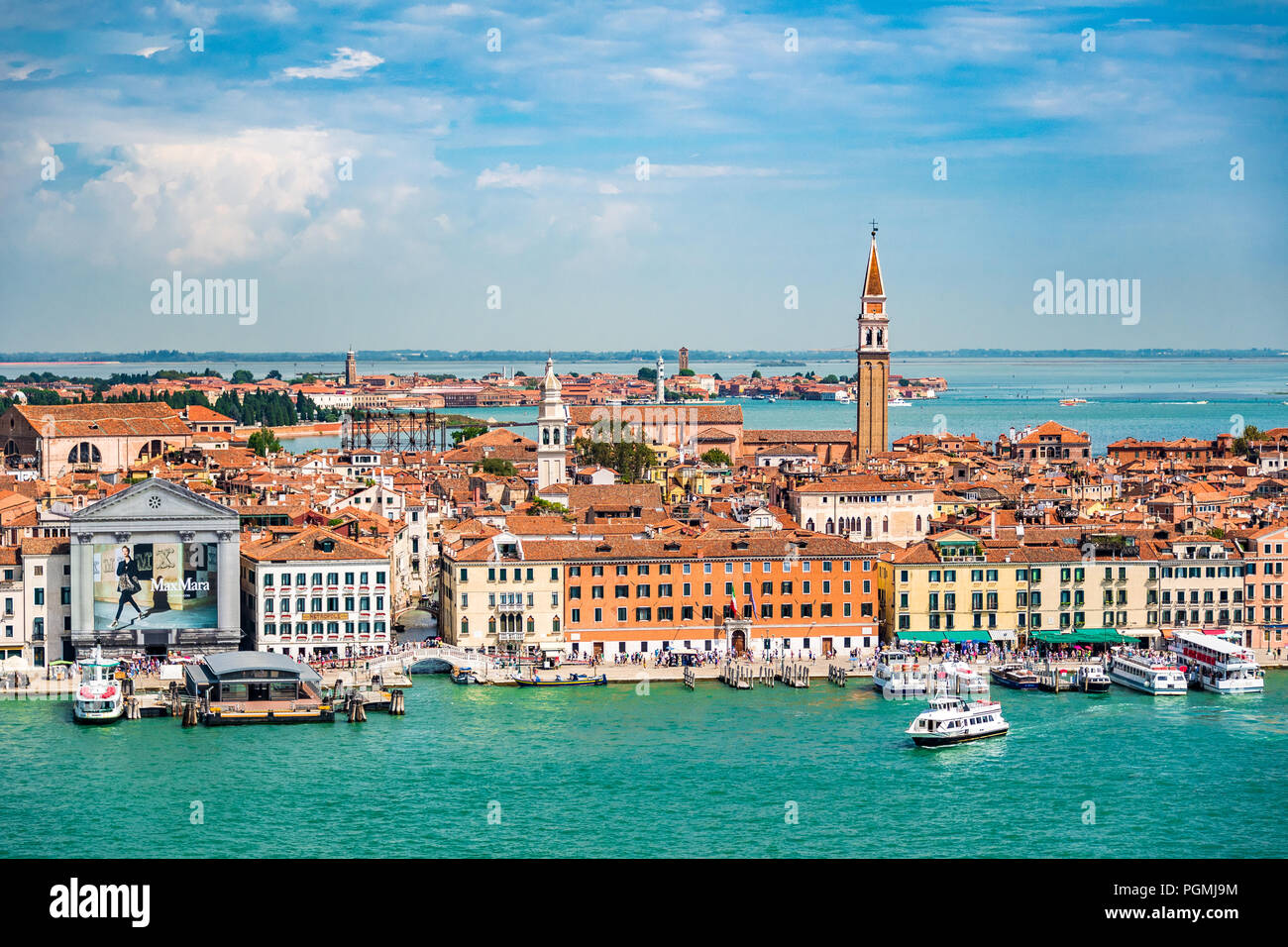Riva degli Schiavoni and the San Francesco della Vigna Bell Tower reaches high above in Venice, Italy Stock Photo