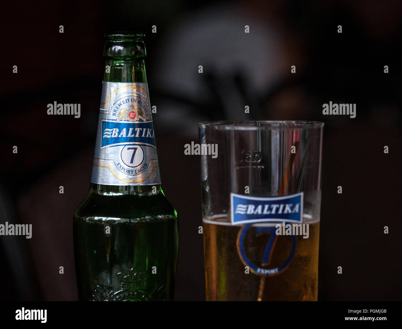 BELGRADE, SERBIA - AUGUST 26, 2018:  Baltika 7 logo on on a beer bottle. Baltika 7 is a light lager, export style, brewed in Russia, and one of the sy Stock Photo