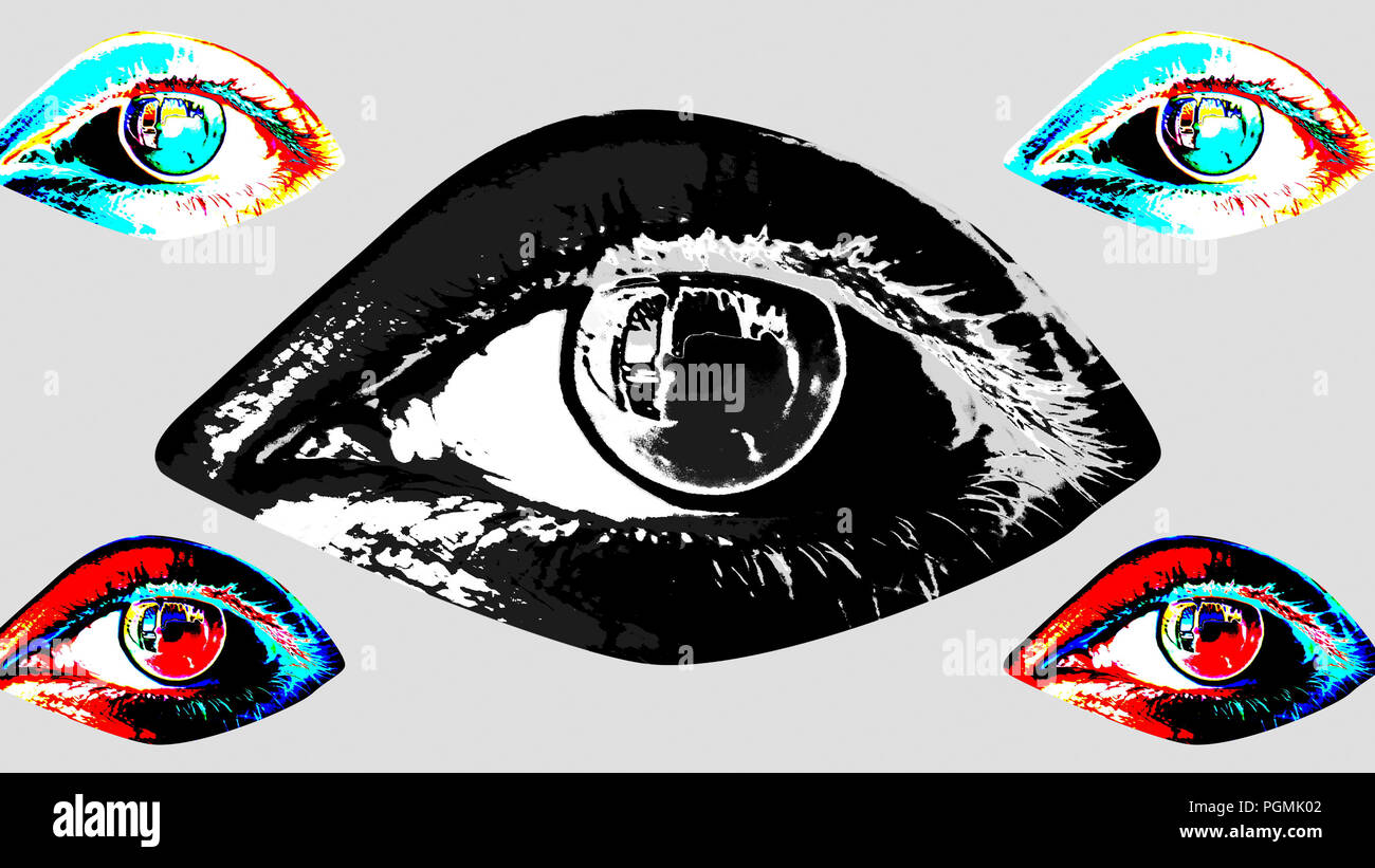 3d illustration of five human female eyes with dark pupils, colorful irises and flickering