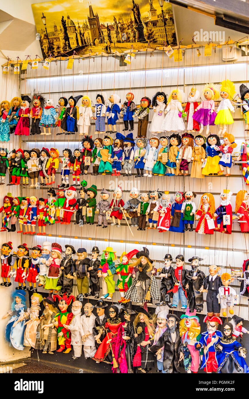 A huge rage of puppets on display in a shop in the city