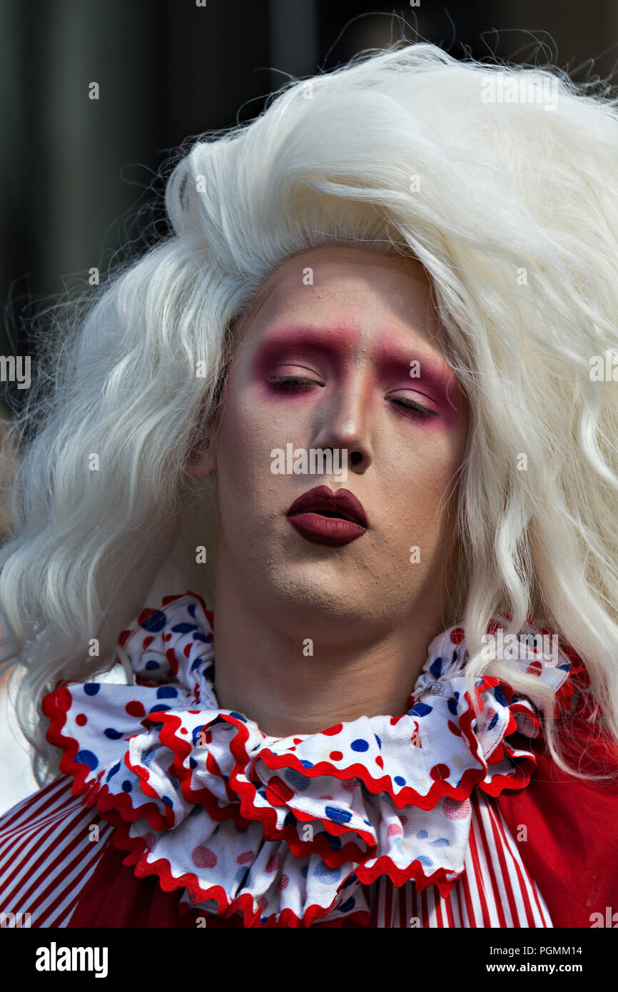 A man in drag taking part in the 2018 Manchester Pride Parade Stock ...
