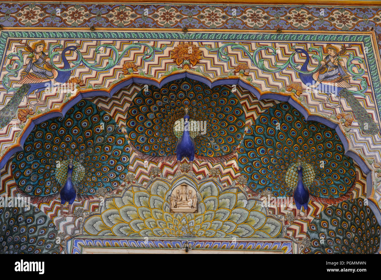 Colorful Peacock Gate of Pritam Niwas Chowk of City Palace in Jaipur, India. Stock Photo