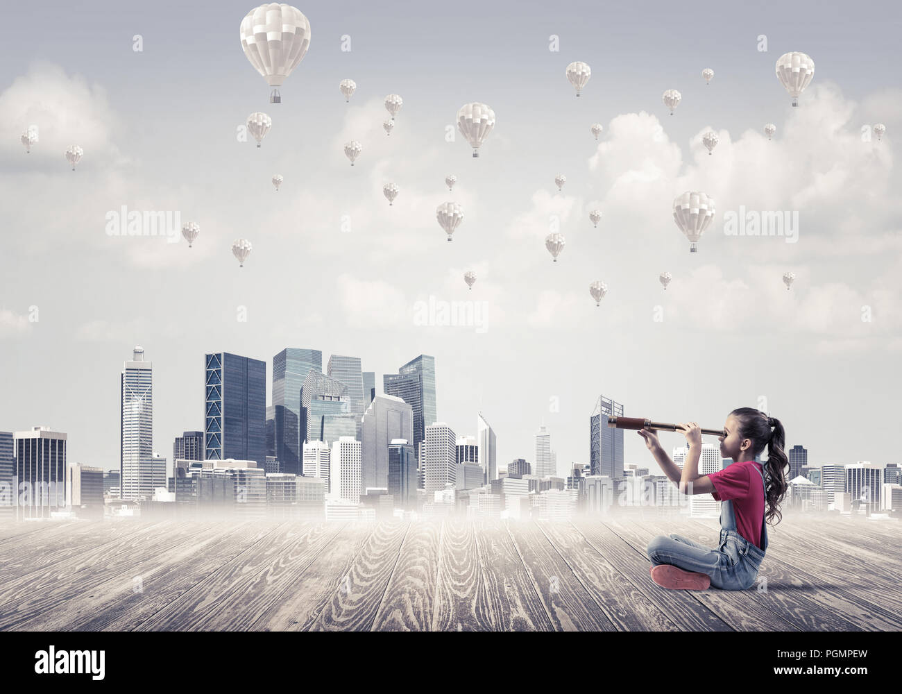 Concept of careless happy childhood with girl looking in spyglas Stock ...