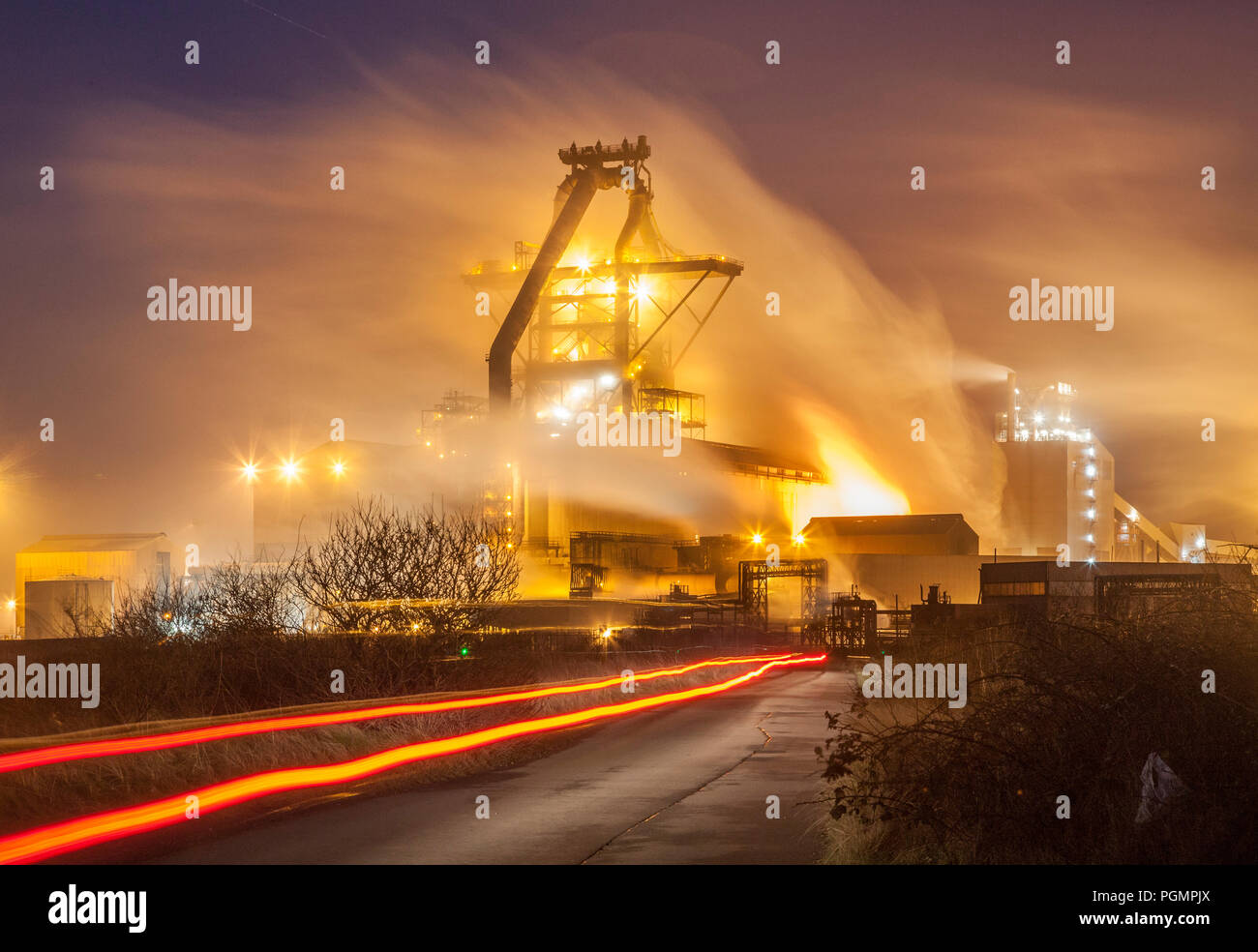 Night-time shot of he Redcar steelworks blast furnace in 2015, before its closure. Stock Photo