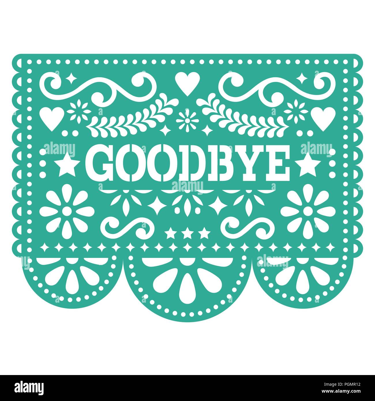 Goodbye Papel Picado vector design or greeting card - party garland paper cut out with flowers and geometric shapes Stock Vector