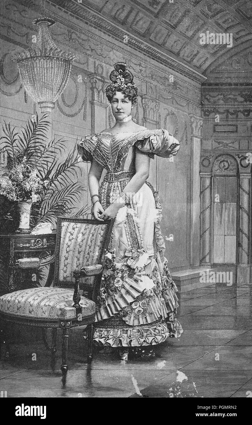 Archduchess Stephanie of Austria in a Viennese costume, digital improved reproduction of a woodcut from the year 1880 Stock Photo