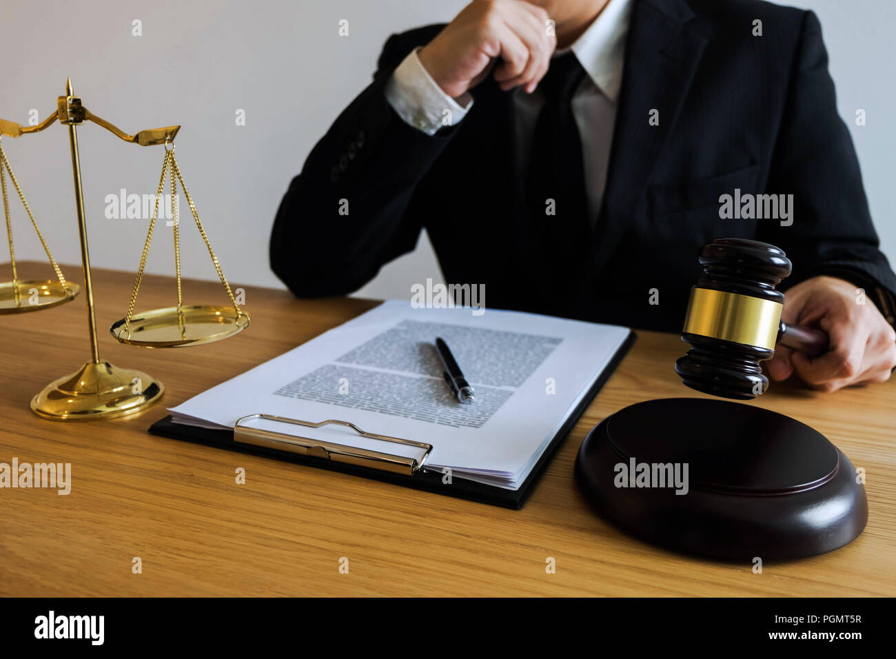 Judge with gavel on table. attorney, court judge,tribunal and justice concept. Stock Photo
