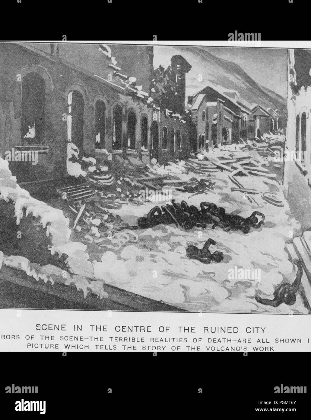 Black and white illustration depicting human corpses and building debris, mired in ash and lava in the center of a city street in Pompeii, Italy, with damaged buildings on either side, following the eruption of Mount Vesuvius in 79 CE, 1906. Courtesy Internet Archive. () Stock Photo