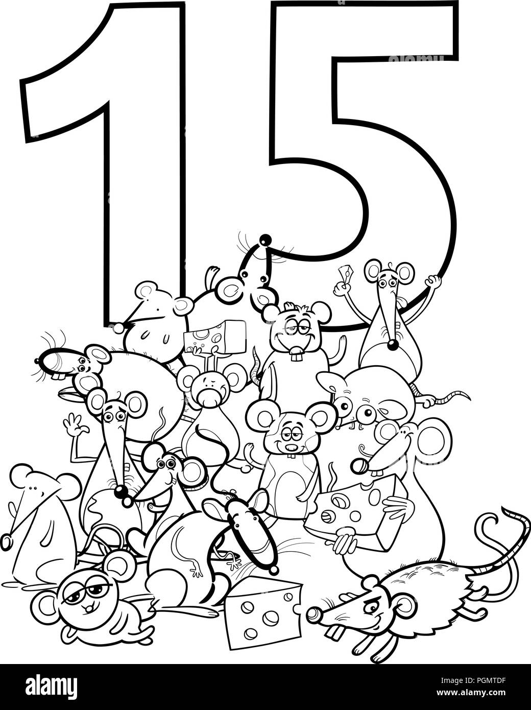 Black and White Cartoon Illustration of Number Fifteen and Mice Characters Group Coloring Book Stock Vector