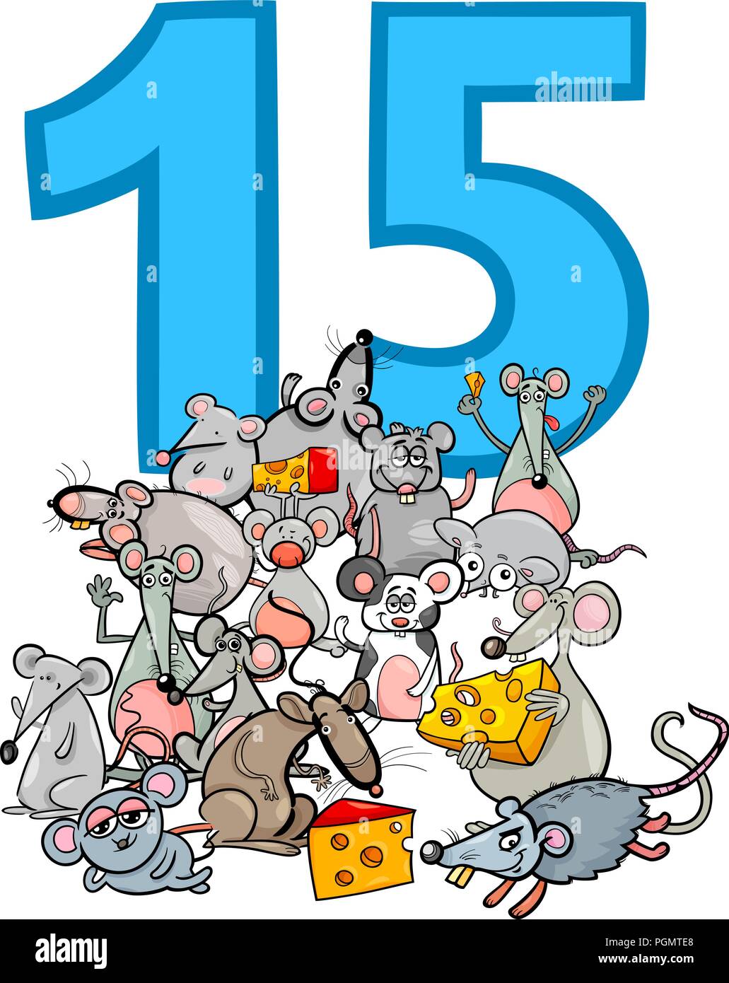 Cartoon Illustration of Number Fifteen and Mice Characters Group Stock Vector