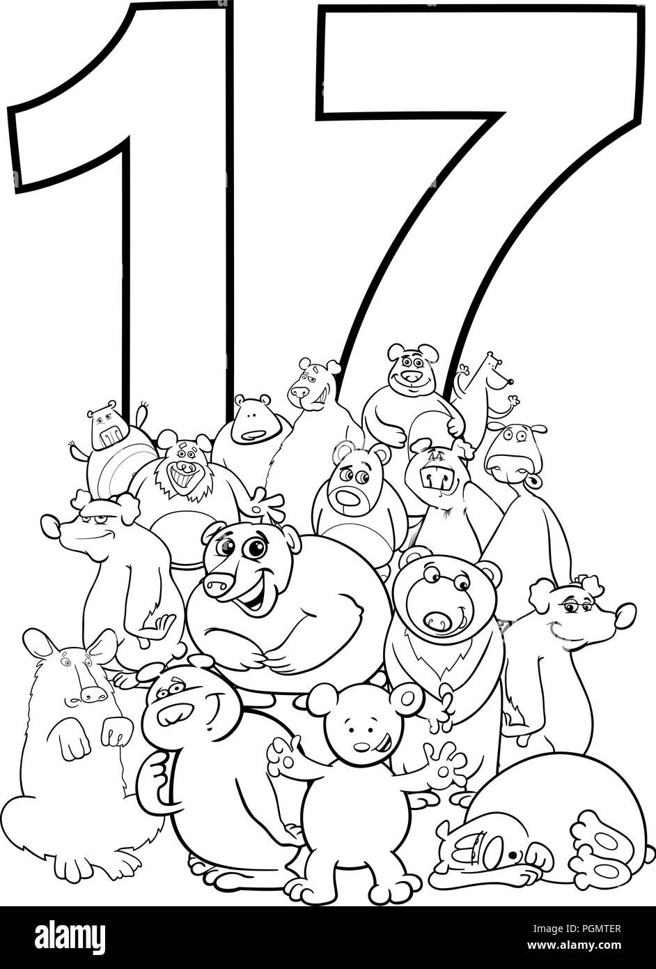 Black and White Cartoon Illustration of Number Seventeen and Bear Characters Group Coloring Book Stock Vector