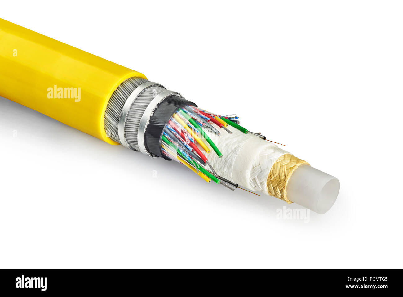 striped cross section armored cable isolated on white Stock Photo