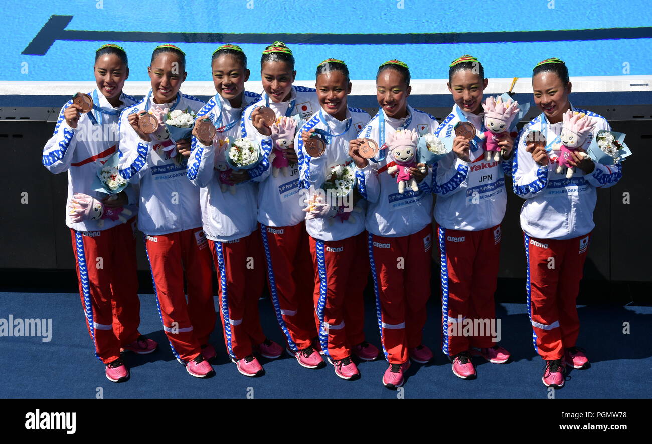 Budapest, Hungary - Jul 18, 2017. The winner synchronized swimming team Japan at the Victory Ceremony of Team Technical. FINA Synchro Swimming World C Stock Photo