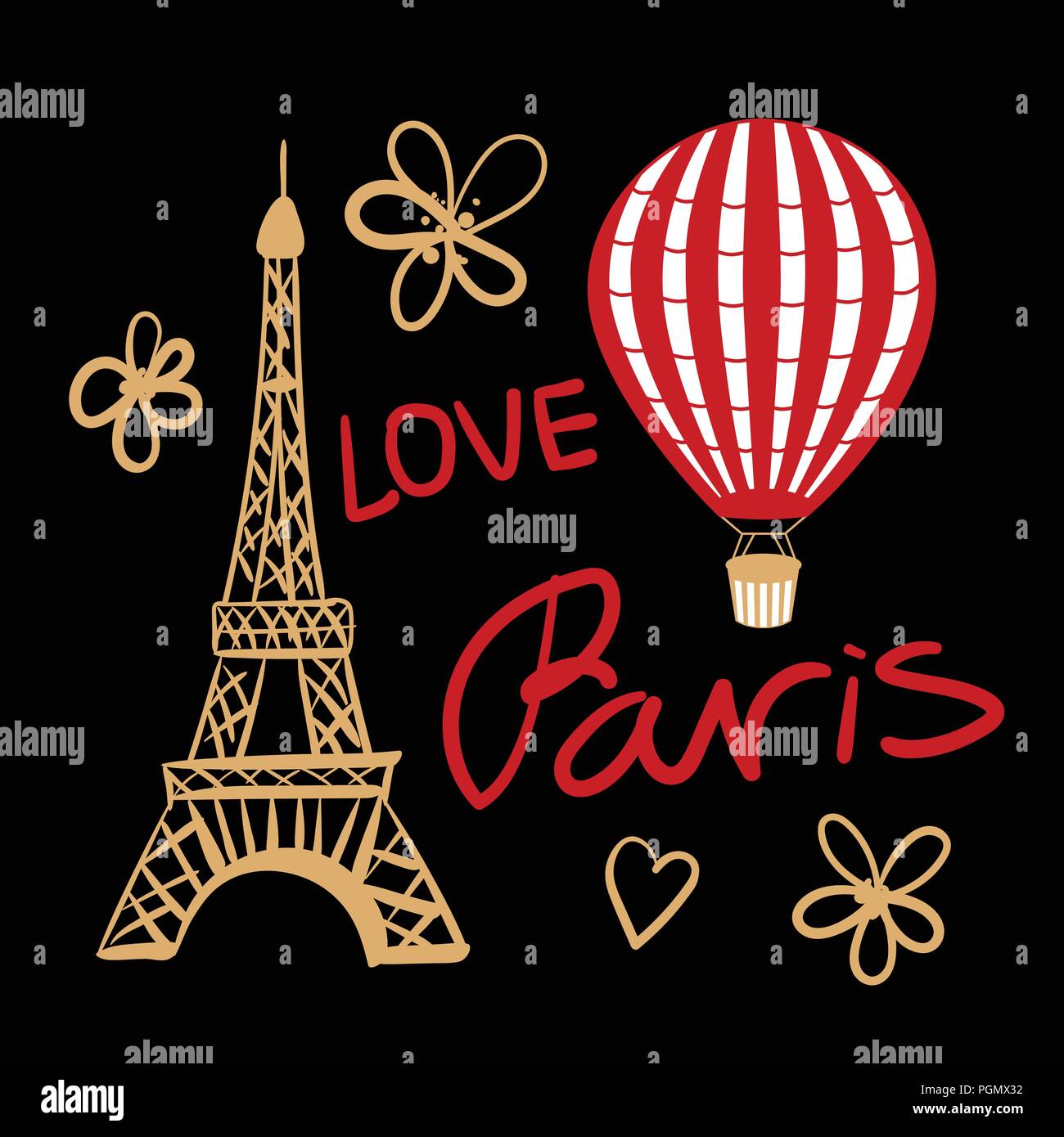 Vector Set red Balloon and Paris Eiffel Tower on dark Stock Vector