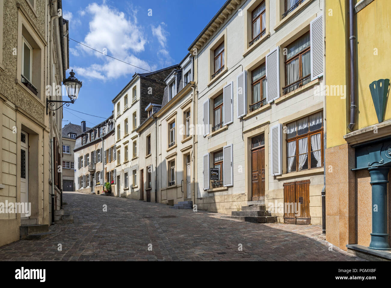 Old houses along cobbled street in the city Bouillon, Luxembourg Province, Belgian Ardennes, Belgium Stock Photo