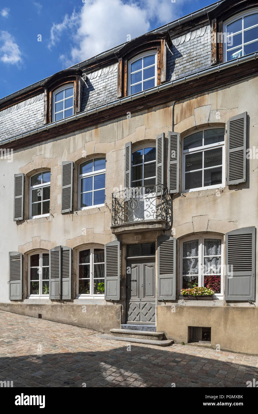 18th century Maison Lavachery, terraced house along cobbled street in the city Bouillon, Luxembourg Province, Belgian Ardennes, Belgium Stock Photo