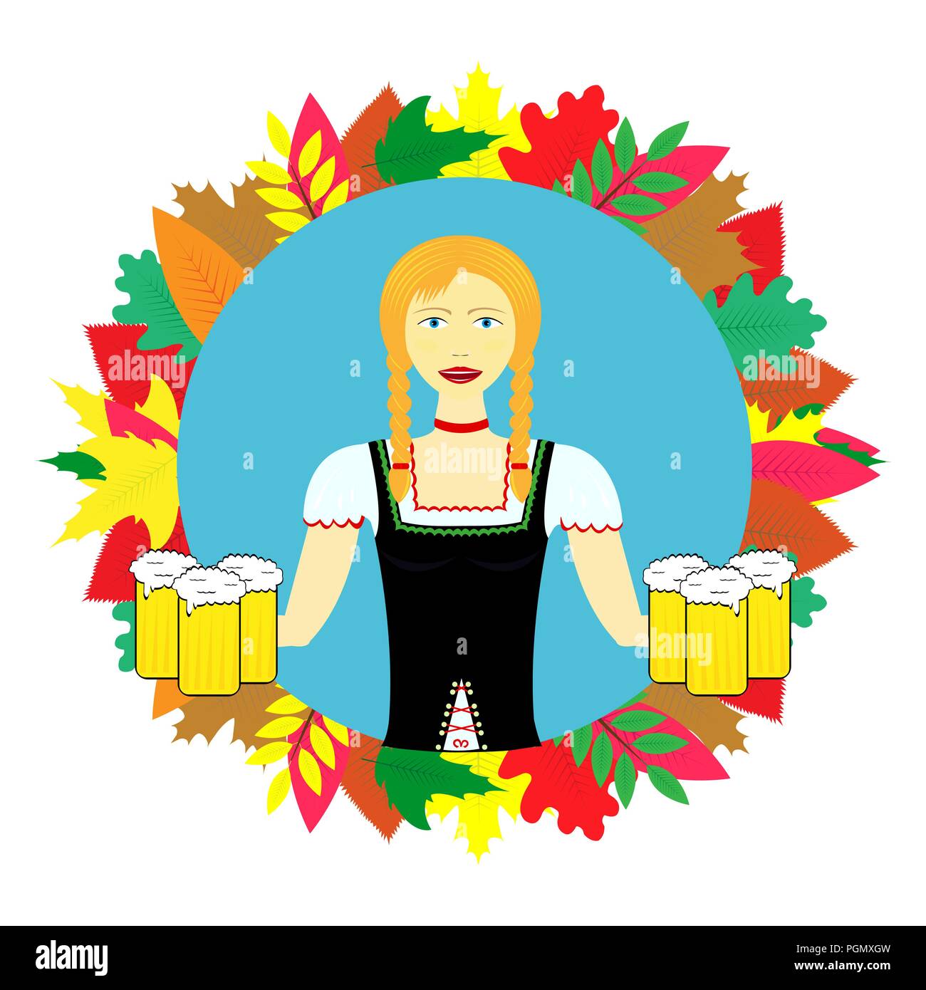 Waitress wit beer mugs decorated,Bavaria Oktoberfest Stock Vector