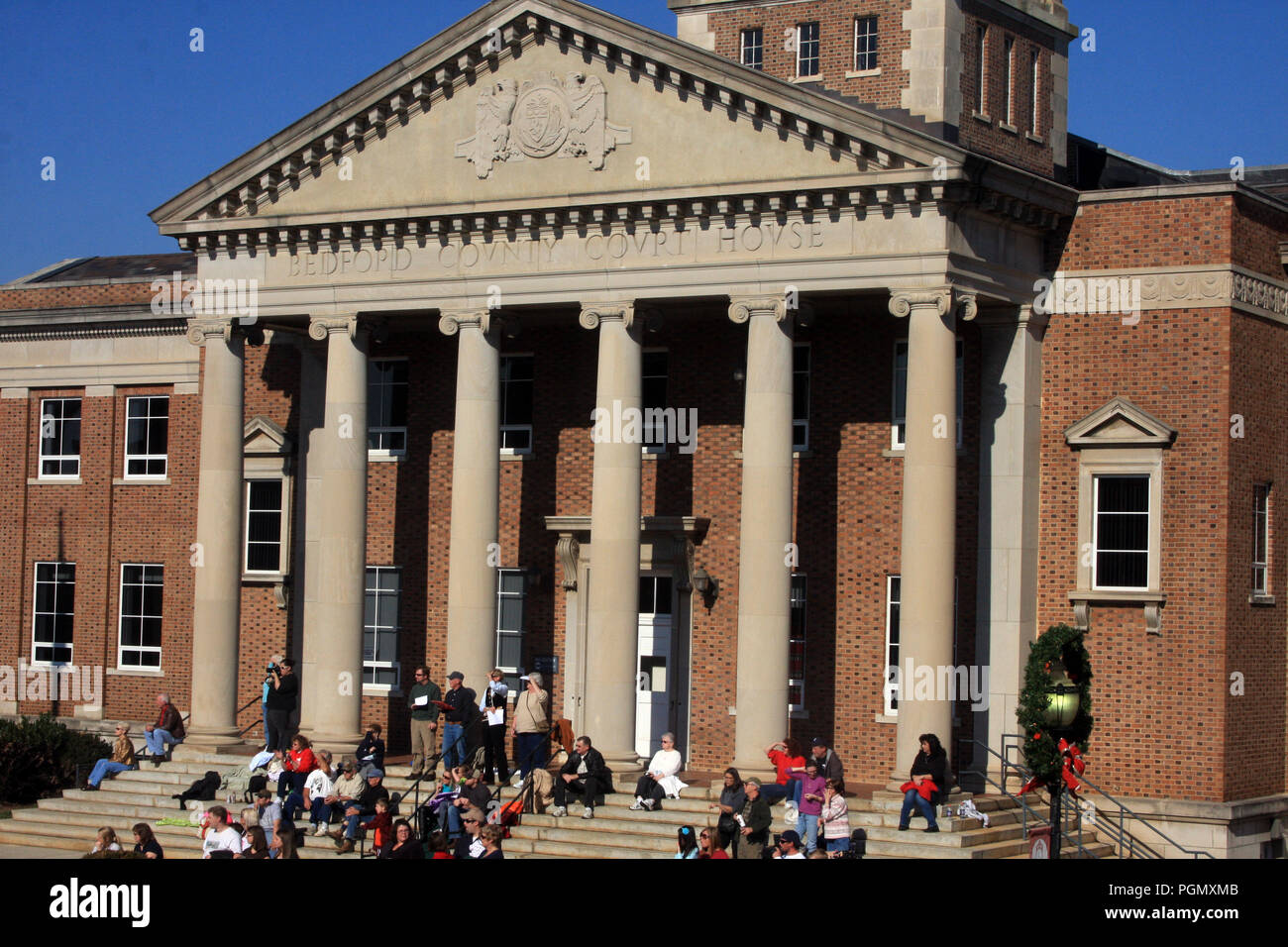 Bedford, VA, USA. People on the steps of Bedford County Courthouse