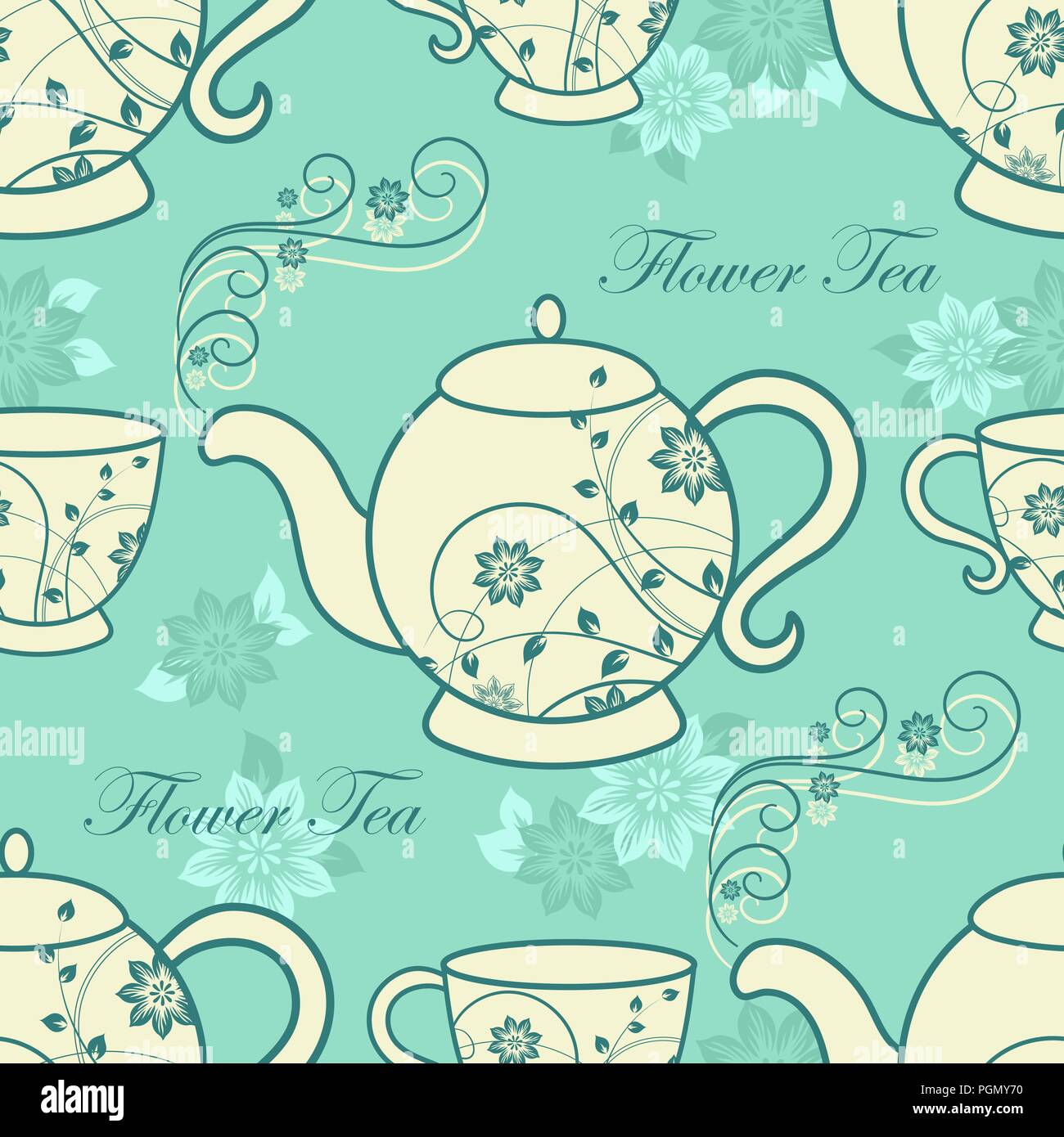 Seamless pattern with teapots and cups with floral design elements. Stock Vector