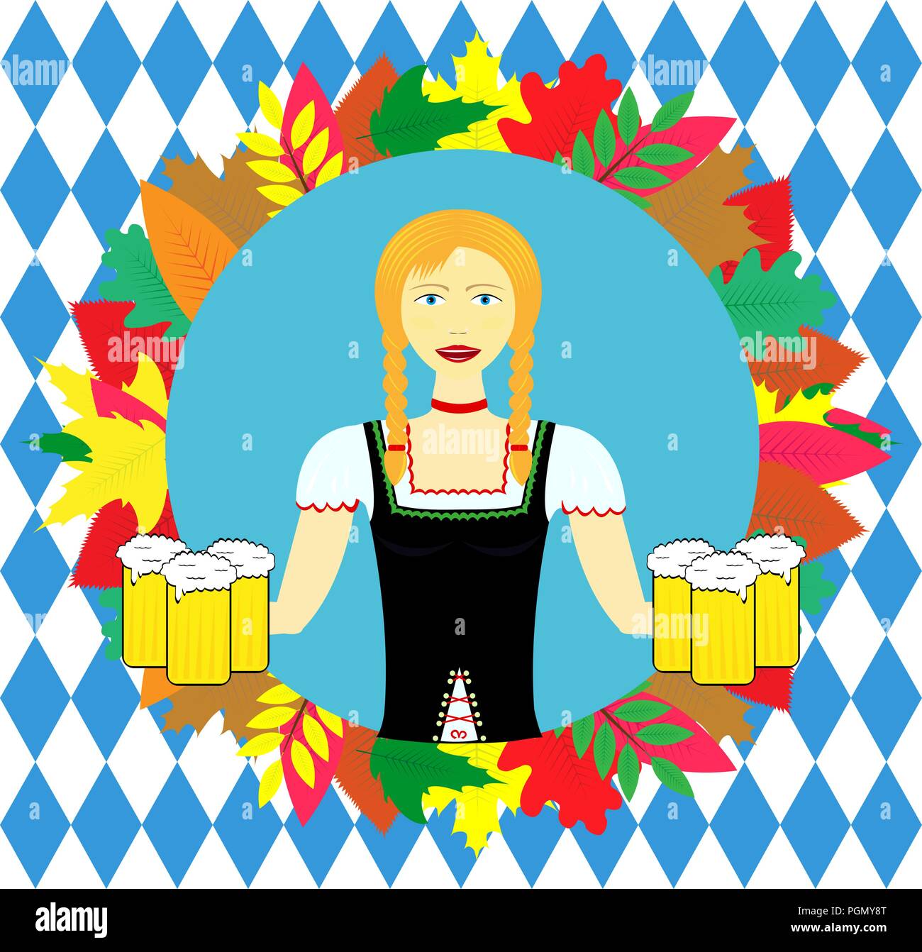Waitress wit beer mugs decorated With Colorful Leaves Stock Vector