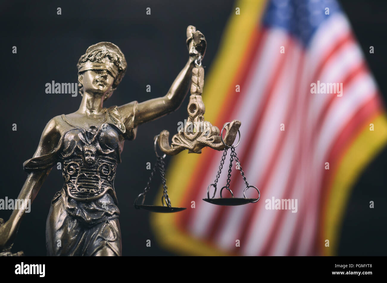 Law and Justice, Legality concept, Scales of Justice, Justitia, Lady Justice in front of the American flag in the background. Stock Photo